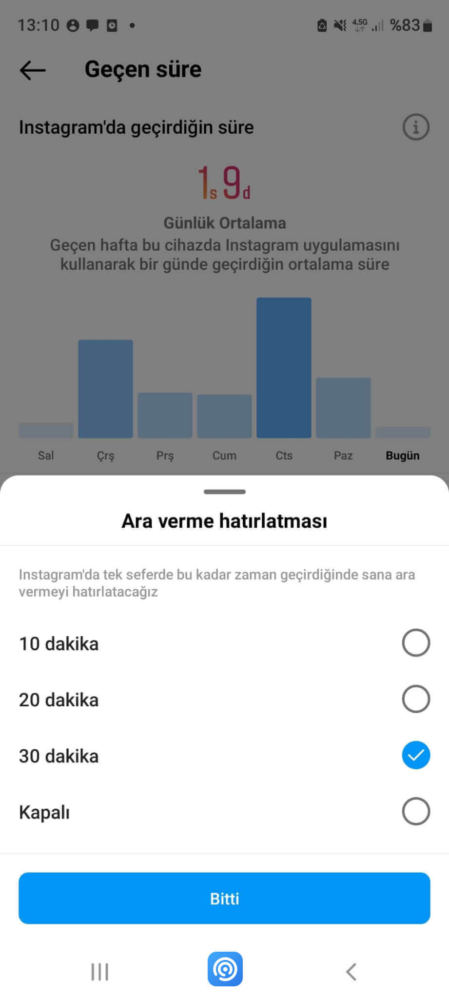 Instagram ara verme ve günlük süre sınırı ayarı